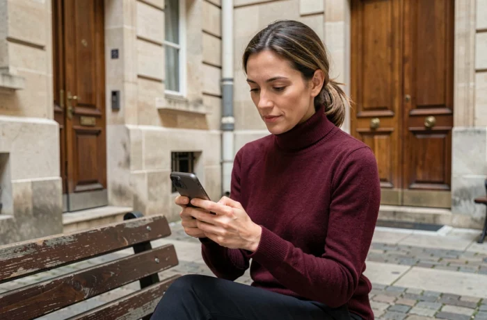 Agente parisienne consultant son compte IntraParis nomade sur smartphone dans une cour intérieure haussmannienne