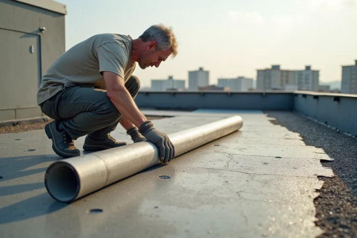 Ouvrier inspectant l'isolation thermique d'une toiture plate d'immeuble en été, membrane réfléchissante et graviers visibles sur le toit