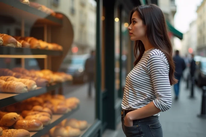 Jeune femme française regardant une boulangerie avec une expression affamée traduisant l'argot 'j'ai la dalle'