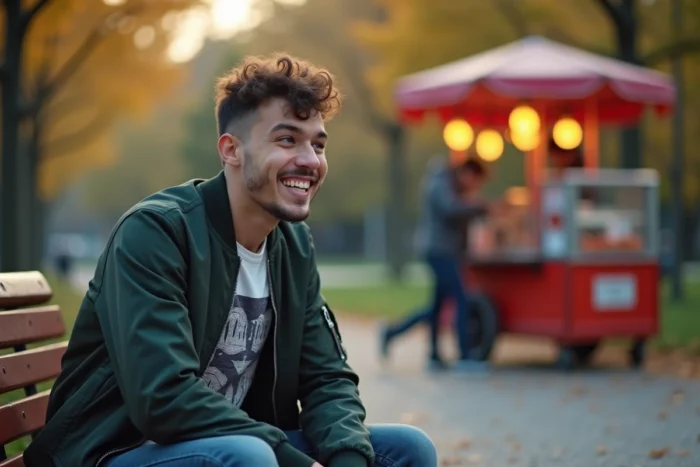 Jeune homme montrant les dents dans un parc urbain pour illustrer l'expression familière 'j'ai les crocs'