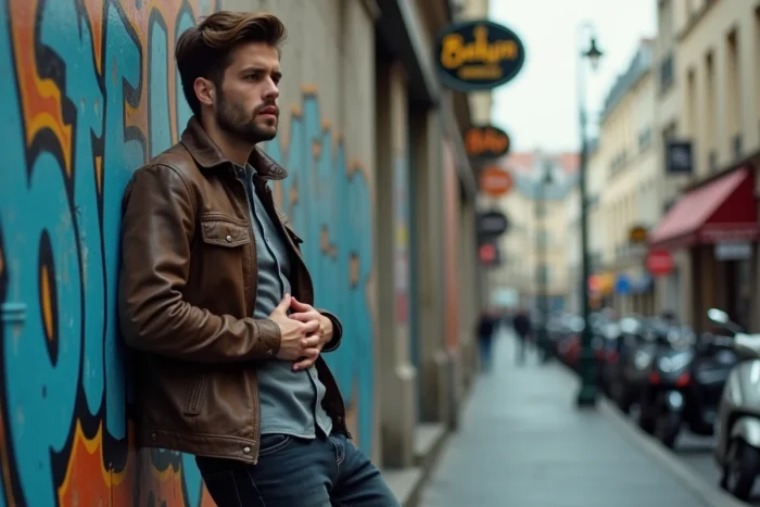 Jeune homme épuisé contre un mur urbain exprimant une faim intense illustrant 'je crève la dalle'