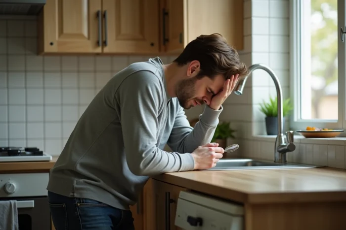 Homme qui se laisse tomber dramatiquement contre un comptoir de cuisine illustrant 'je meurs de faim'