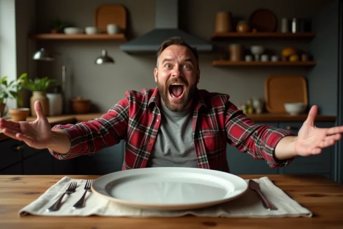 Homme aux bras grands ouverts devant une assiette vide illustrant l'hyperbole 'je pourrais manger un bœuf'