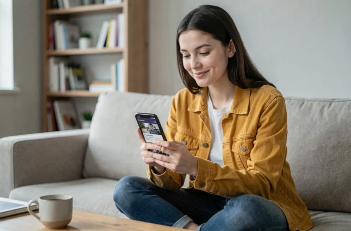 Jeune femme parcourant l'actualité numérique sur smartphone dans un salon au style scandinave