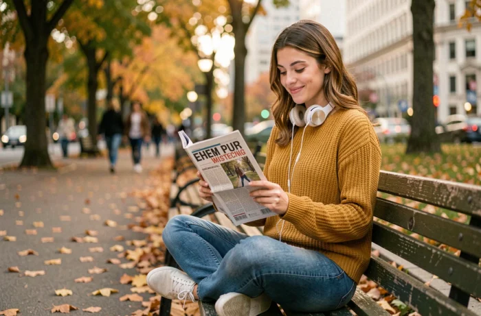 Jeune femme lisant un magazine d'actualités dans un parc urbain en automne