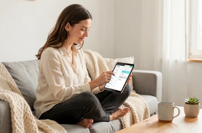 Jeune femme parcourant le plan d'un site web sur une tablette confortablement installée dans un salon scandinave