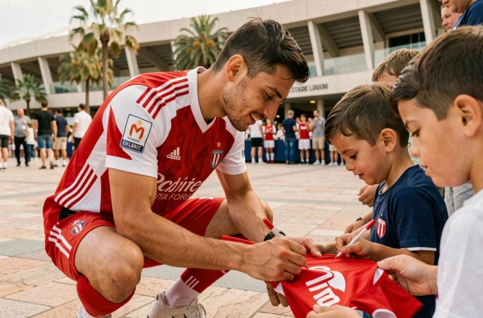 Joueur de l'AS Monaco signant un maillot pour un fan lors du rendez-vous ASM Vizu devant le Stade Louis II à Monaco