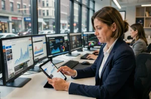 Journaliste consultant l'actualité en continu sur une tablette dans une salle de rédaction moderne