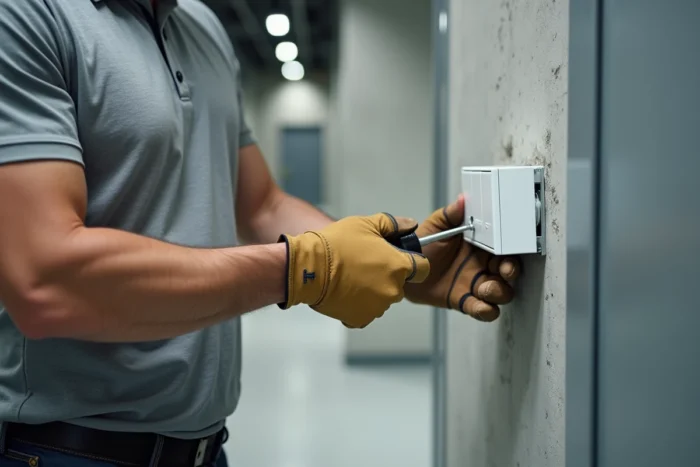 Électricien installant un appareillage modulaire Legrand Mosaic sur un support encastré dans un bureau professionnel