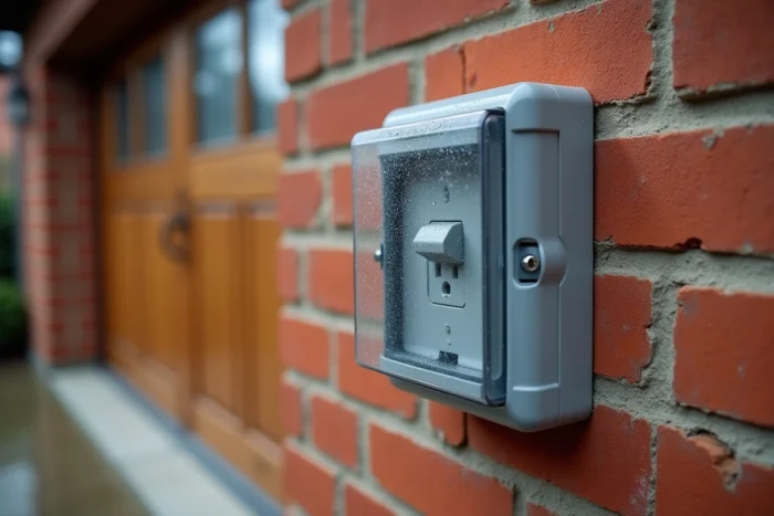 Boîtier étanche Legrand Neptune en saillie sur un mur extérieur en brique avec protection IP55 pour installation en extérieur