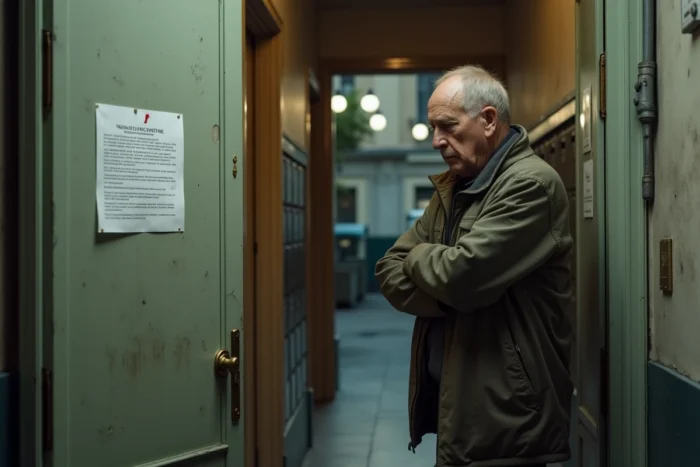 Locataire âgé face à un avis affiché sur la porte de son appartement dans le cadre d'une location irrégulière