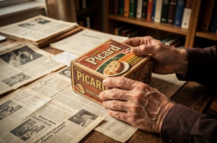 Mains d'un entrepreneur tenant un emballage rétro de produits surgelés Picard sur un bureau couvert de documents d'archives
