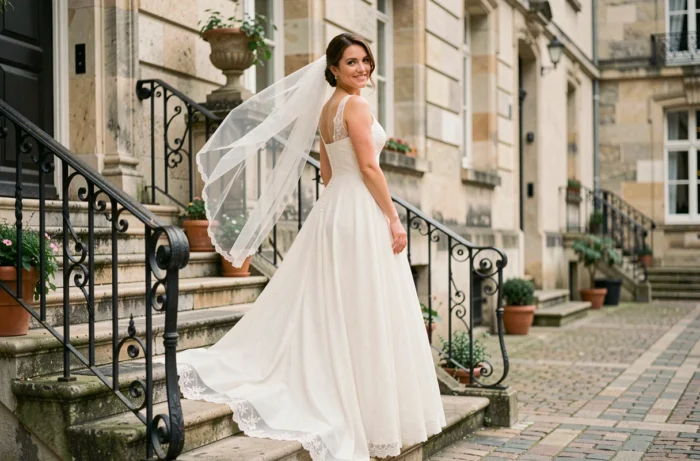 Mariée en robe de mariée en mousseline fluide posant sur les marches d'un bâtiment historique en pierre à Nantes, voile au vent