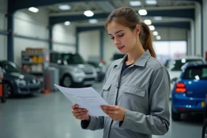 Mécanicienne lisant une fiche conseil LPDD dans un garage automobile professionnel