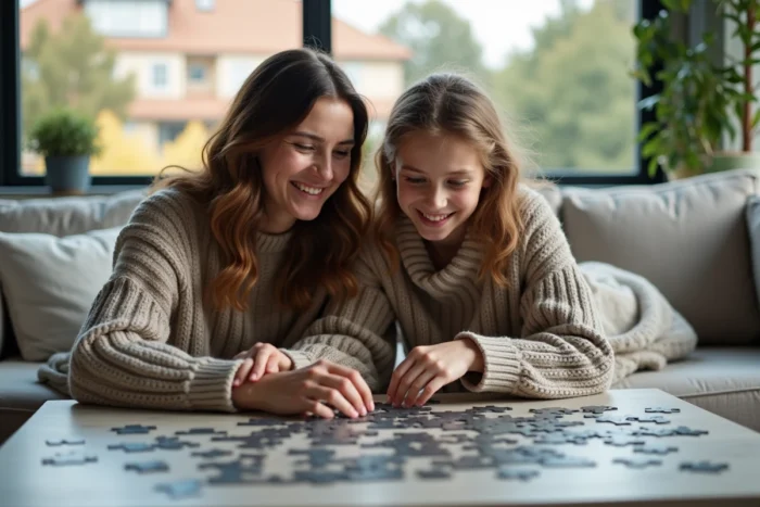 Mère et fille adolescente assemblant un puzzle ensemble sur une table basse dans un salon moderne