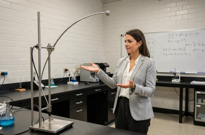 Professeure de physique présentant un pendule oscillatoire en laboratoire universitaire pour illustrer le mouvement circulaire