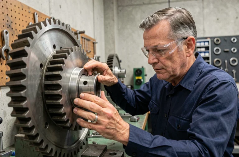 Ingénieur mécanicien examinant un assemblage de roues dentées en acier illustrant le mouvement rotatif en atelier industriel