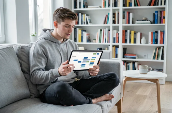 Jeune homme explorant la carte de navigation d'un site web via une tablette dans un salon minimaliste