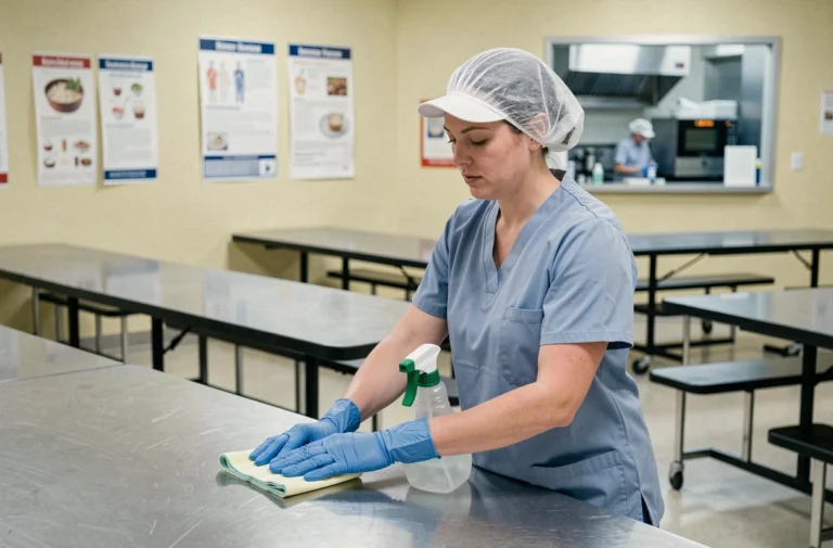 Employée de cantine scolaire en tenue de protection nettoyant un comptoir en inox selon le protocole d'hygiène