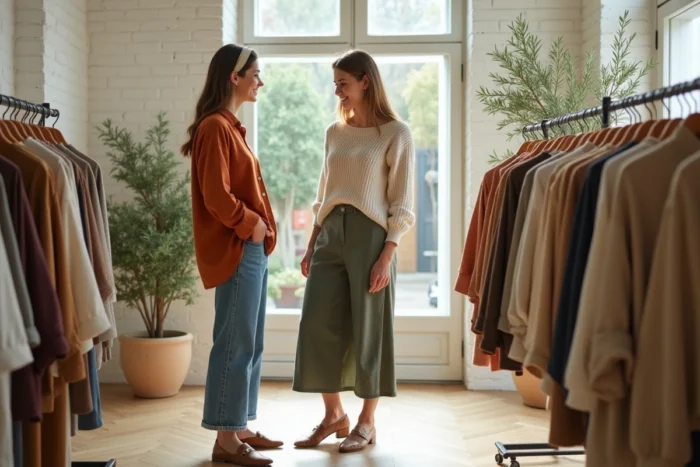 Deux femmes découvrant les nouveautés mode dans une boutique tendance, silhouettes printemps-été