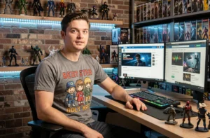 Jeune homme passionné de culture geek devant un bureau high-tech avec figurines et double écran
