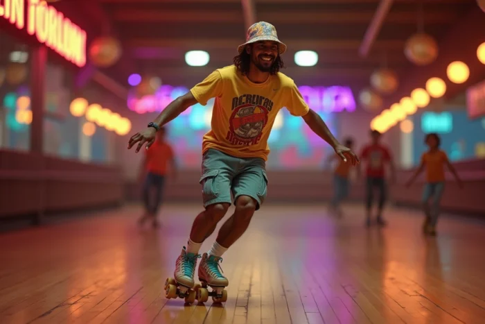 Passionné de roller quad souriant dans une patinoire intérieure au sol en bois avec ambiance rétro