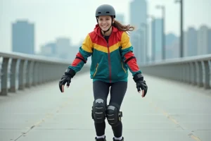 Passionnée de roller en ligne glissant sur une promenade urbaine avec équipement de protection complet