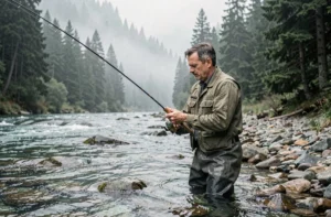 Pêcheur à la mouche en waders dans une rivière de montagne entouré de forêt de pins au lever du jour