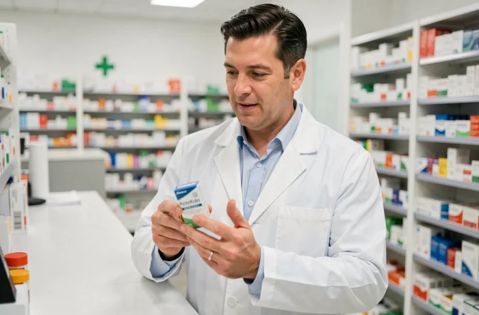 Pharmacien en blouse blanche conseillant un patient sur un spray nasal décongestionnant en pharmacie