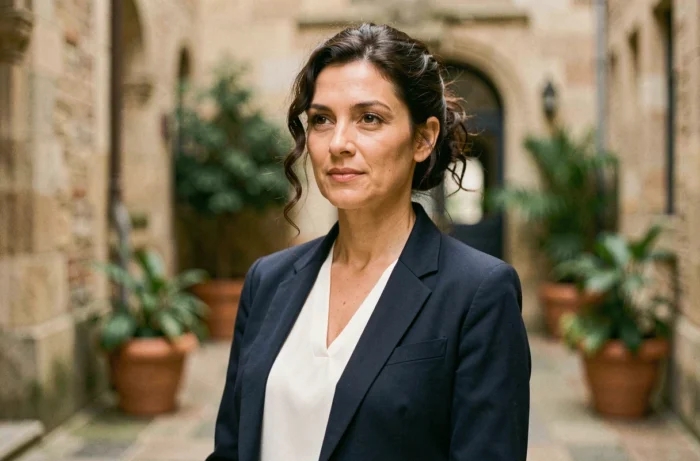 Portrait éditorial d'une femme connue du public dans une cour urbaine, illustrant la biographie d'Amandine Atalaya