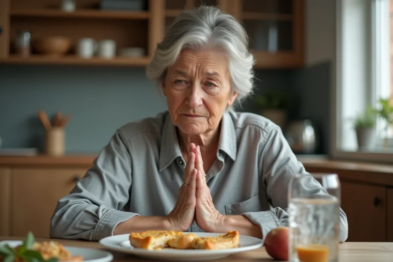 Femme fatiguée assise à la table de cuisine avec un verre d'eau, illustrant les premiers signes du diabète comme la soif excessive et la fatigue