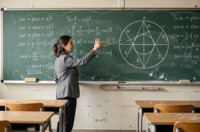 Professeure de mathématiques expliquant les identités trigonométriques sin et cos au tableau
