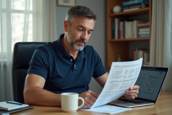 Propriétaire de voiture consultant une fiche conseil LPDD à domicile sur son bureau