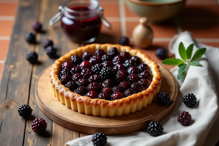 Tarte aux mûres du mûrier platane maison posée sur une table en bois rustique avec des mûres fraîches et un pot de confiture