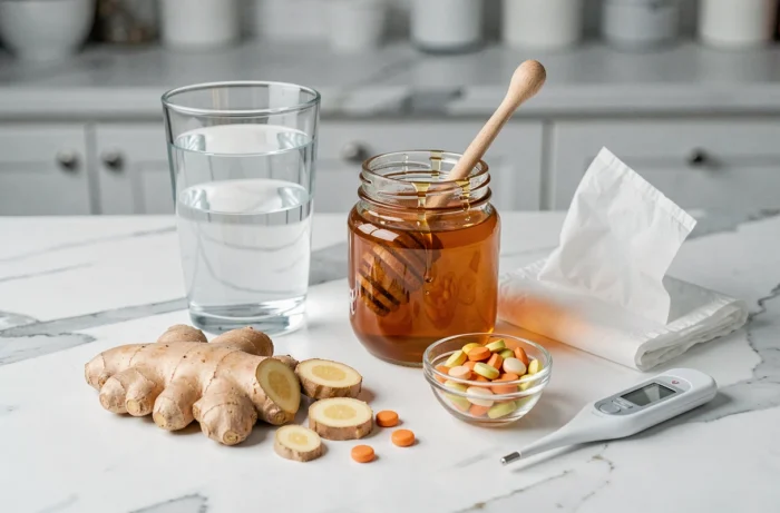 Remèdes naturels contre le rhume et la morve jaune : gingembre, miel, vitamine C et thermomètre sur marbre blanc