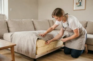 Femme retirant la housse d'un canapé Poltronesofa pour accéder à la mousse usée à remplacer