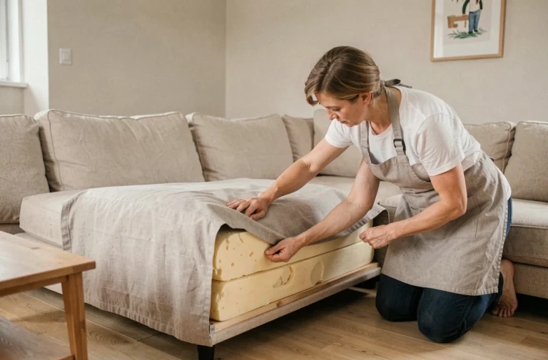 Femme retirant la housse d'un canapé Poltronesofa pour accéder à la mousse usée à remplacer