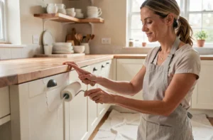 Femme rénovant les placards de sa cuisine en appliquant de la peinture blanche avec un rouleau mousse, ambiance moderne et chaleureuse