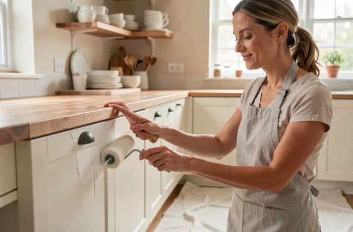 Femme rénovant les placards de sa cuisine en appliquant de la peinture blanche avec un rouleau mousse, ambiance moderne et chaleureuse