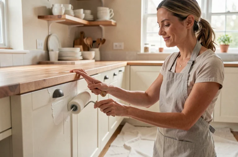 Femme rénovant les placards de sa cuisine en appliquant de la peinture blanche avec un rouleau mousse, ambiance moderne et chaleureuse