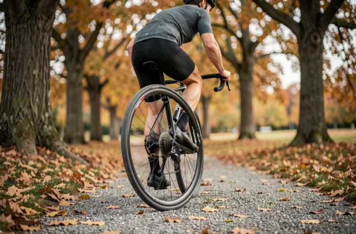 Cycliste en mouvement sur sentier automnal avec gros plan sur la roue en rotation illustrant le mouvement circulaire et rotatif