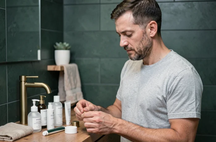 Homme aux soins de la peau examinant ses produits de beauté dans une salle de bain moderne dans le cadre d'une routine beauté masculine quotidienne