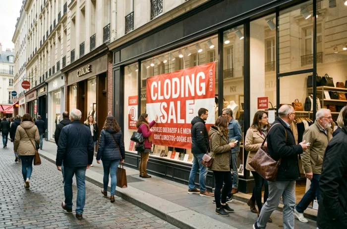 Rue commerçante de Reims avec une vitrine de magasin affichant une bannière de fermeture attirant l'attention des passants