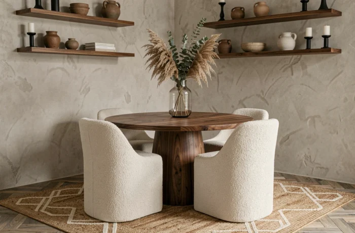 Coin salle à manger contemporaine avec table en noyer, chaises bouclé et décoration murale en céramique artisanale, idées tendances pour un intérieur élégant