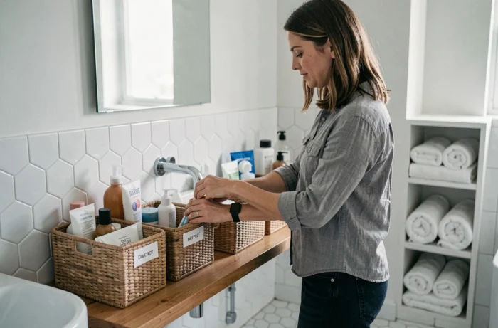 Femme organisant des produits de salle de bain dans des paniers de rangement sur une étagère en bois, équipements pratiques pour la maison