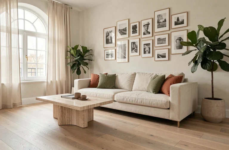Salon moderne et élégant avec canapé en lin crème, table basse en travertin et mur galerie d'art minimaliste, décoration intérieure tendance style scandinave
