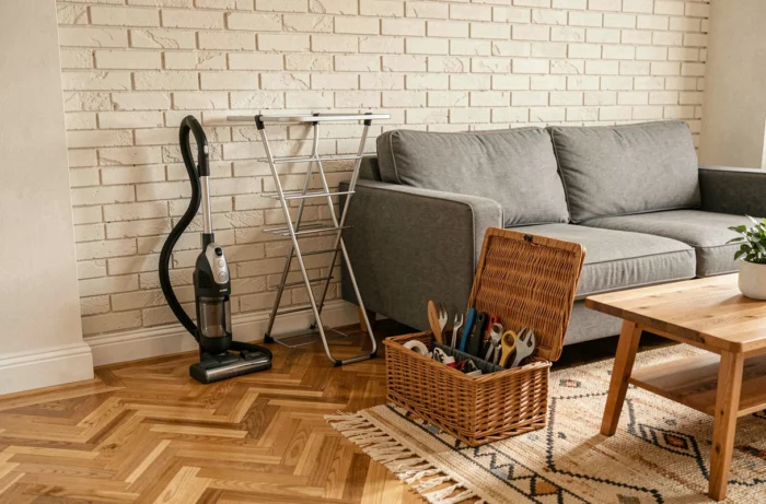 Coin salon avec équipements ménagers essentiels rangés élégamment, aspirateur et boîte à outils dans un panier en osier