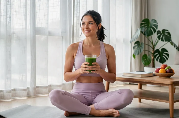 Jeune femme en tenue de yoga tenant un smoothie vert dans un salon lumineux dans le cadre d'une routine santé et bien-être au quotidien