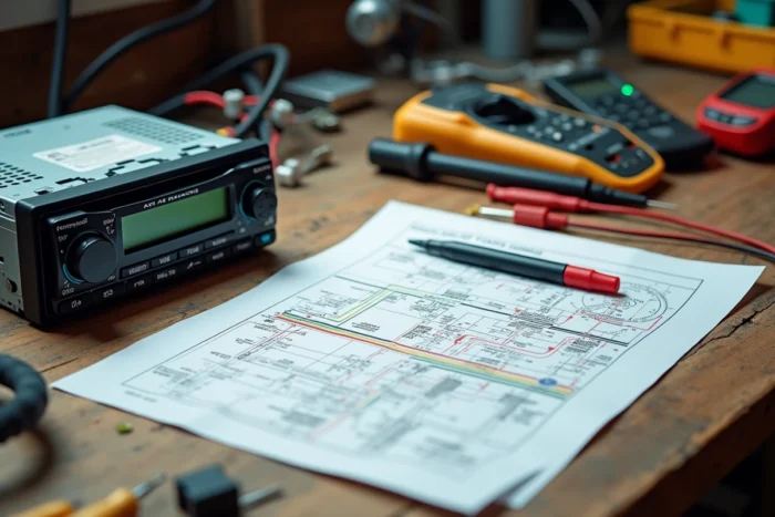 Schéma de branchement autoradio Peugeot imprimé avec code couleur des câbles posé sur un établi d'atelier avec outils