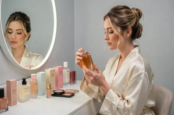 Femme testant des produits de beauté luxueux devant un miroir dans un dressing minimaliste élégant